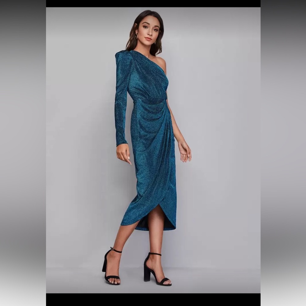 SHEIN Shimmering Teal One-Shoulder Dress